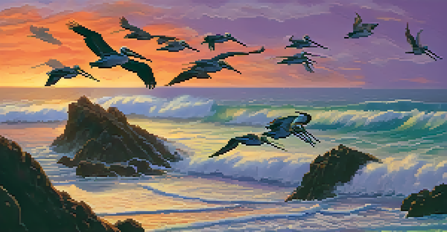 A stunning sunset at Point Loma with cliffs and a flock of pelicans flying across a colorful sky.