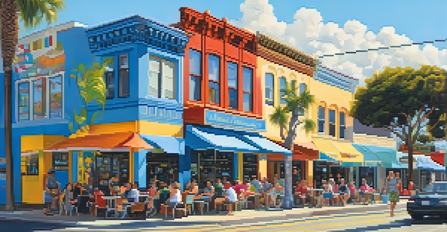 A lively street in North Park with colorful murals, independent shops, and people enjoying outdoor seating.