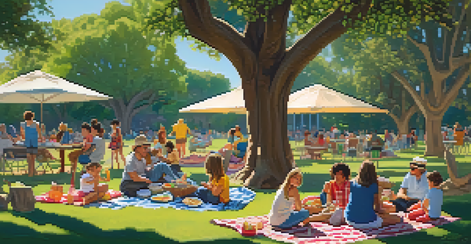 A family enjoying a picnic in Balboa Park, with vibrant greenery and iconic park structures in the background.