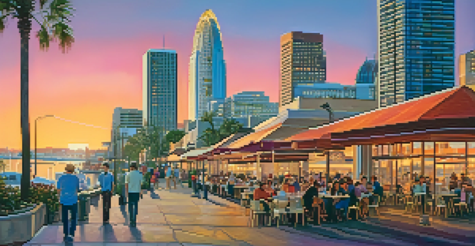 A vibrant sunset view of Downtown San Diego with high-rise buildings and a bustling street filled with people.