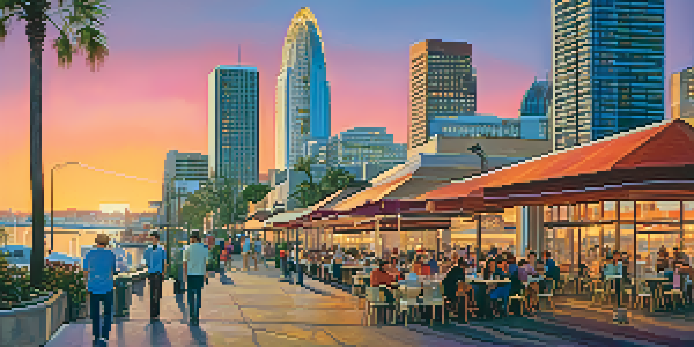 A vibrant sunset view of Downtown San Diego with high-rise buildings and a bustling street filled with people.