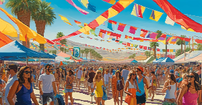 A lively crowd at Coachella Festival, enjoying music with colorful flags and art installations around them.