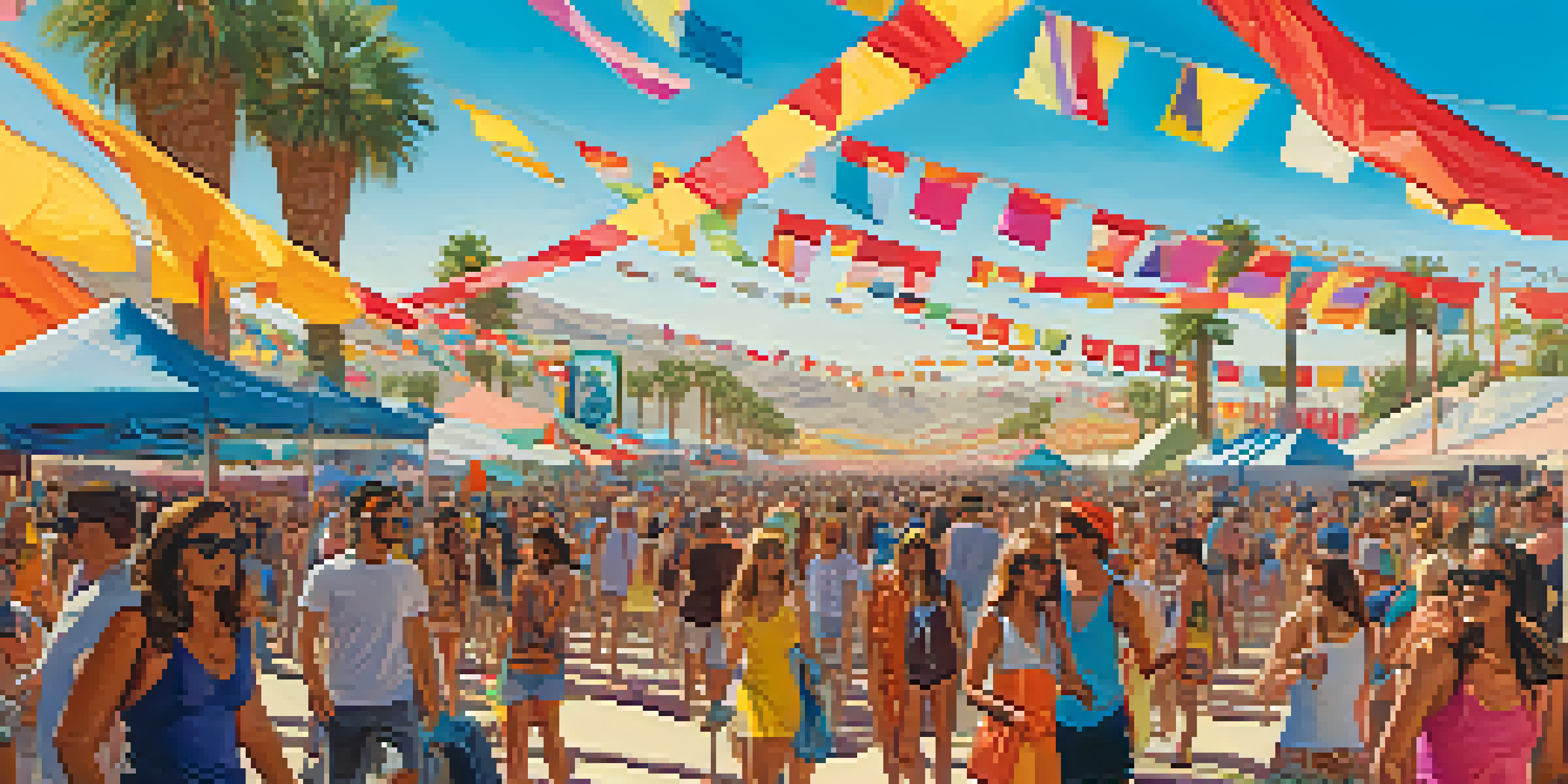 A lively crowd at Coachella Festival, enjoying music with colorful flags and art installations around them.