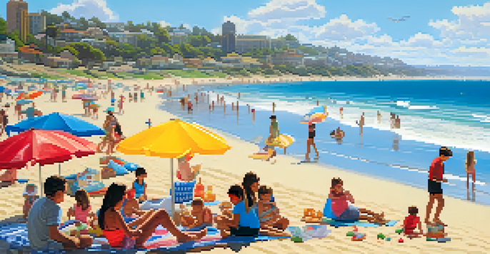 A lively beach scene featuring families playing in the sand, colorful umbrellas, and ocean waves under a clear blue sky.