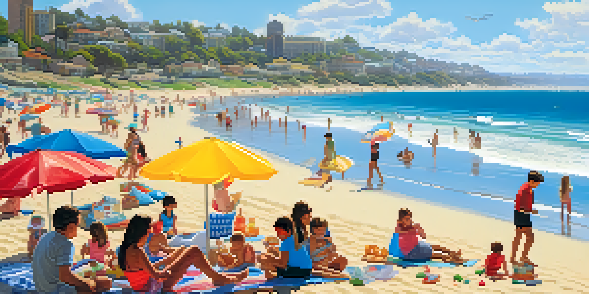 A lively beach scene featuring families playing in the sand, colorful umbrellas, and ocean waves under a clear blue sky.