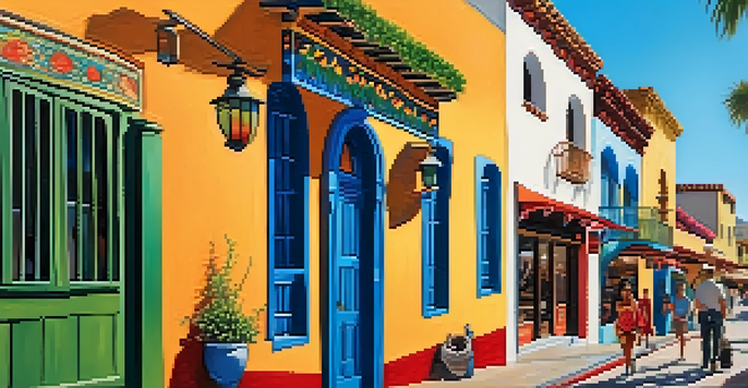 A lively street in San Diego's Historic Old Town with colorful adobe buildings and visitors enjoying the area.