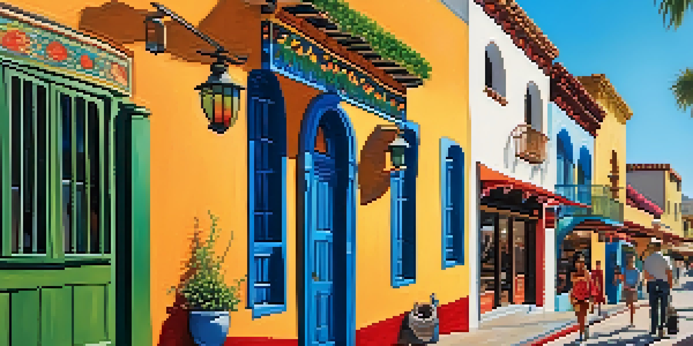 A lively street in San Diego's Historic Old Town with colorful adobe buildings and visitors enjoying the area.