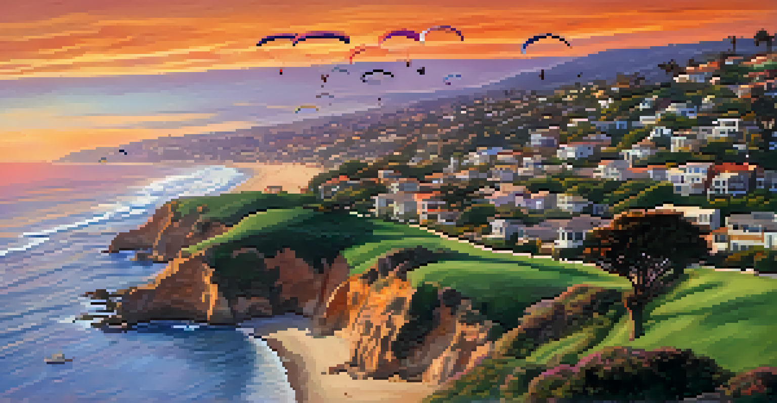 A picturesque scene of paragliders flying over La Jolla coastline during sunset, with colorful skies and ocean views.