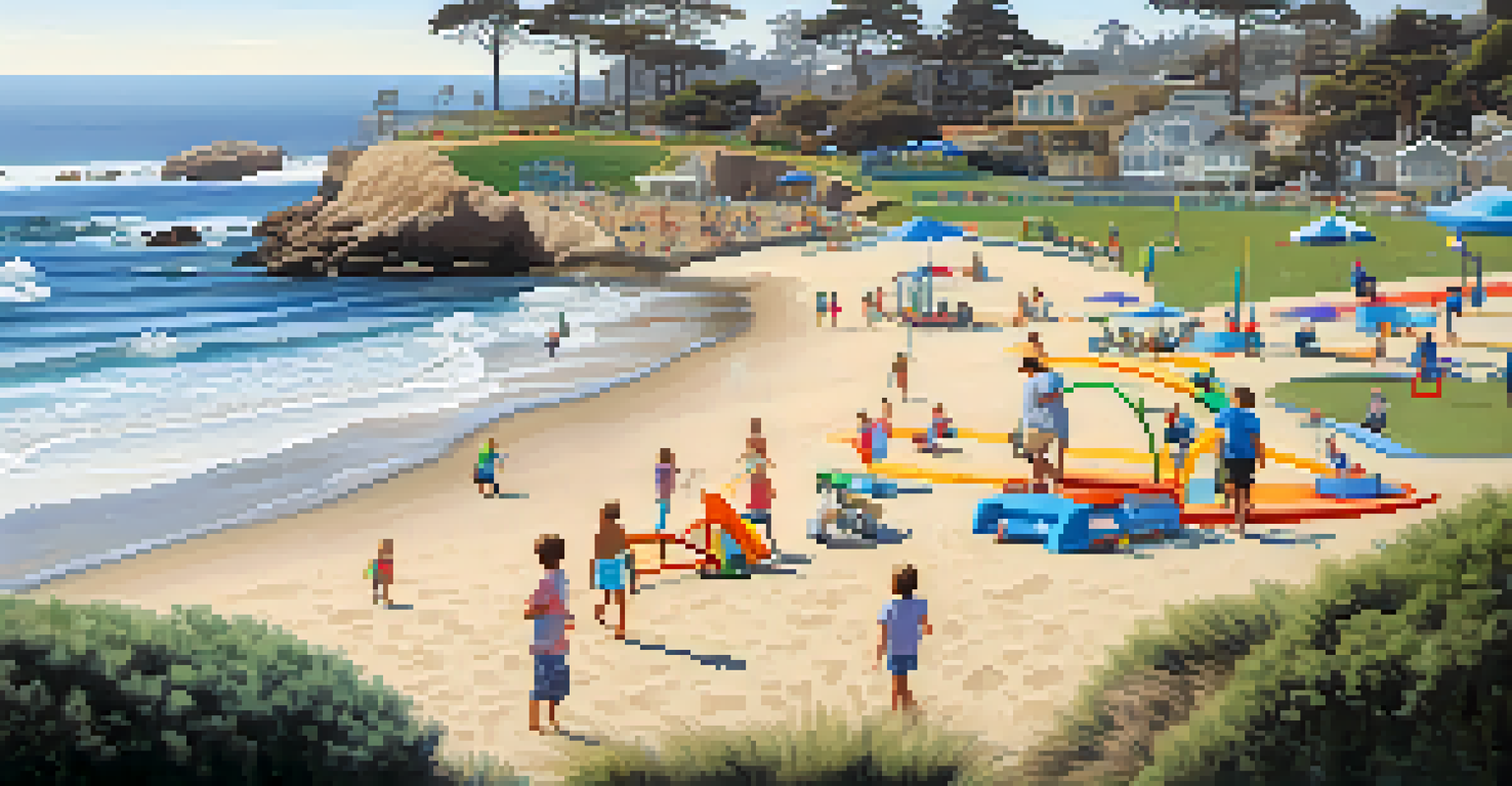 Family-friendly beach playground at La Jolla Shores Park with children playing and families having a picnic by the ocean.
