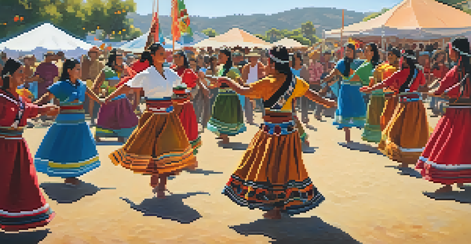 A lively outdoor festival scene with Indigenous dancers in colorful traditional clothing performing, surrounded by a diverse crowd and stalls showcasing crafts and food.