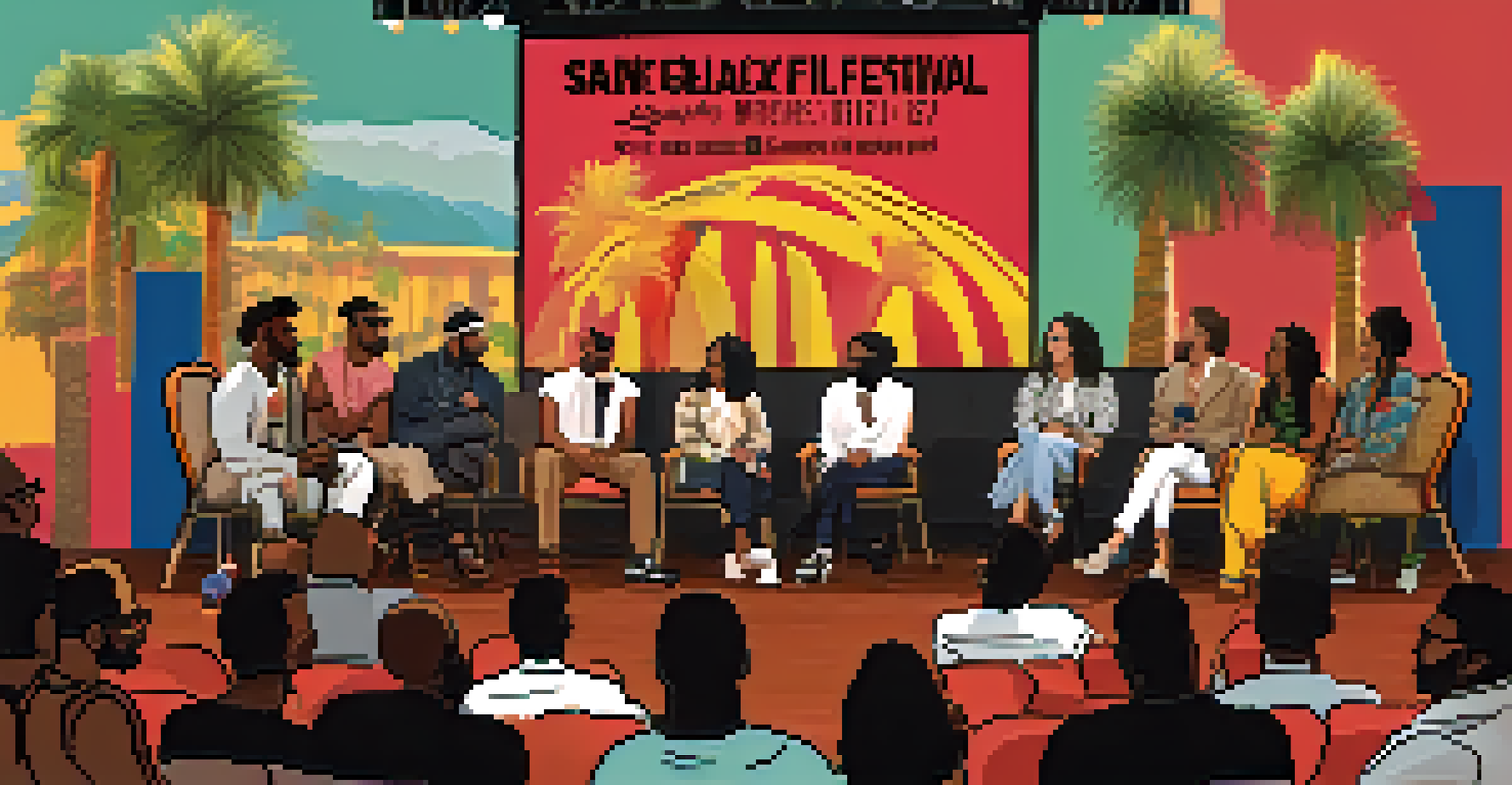 A panel discussion with filmmakers at an outdoor festival setting with palm trees and colorful banners.