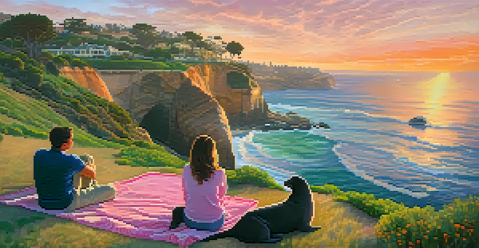 A couple having a picnic at La Jolla Cove during sunset, with vibrant colors in the sky and sea lions on the rocks.