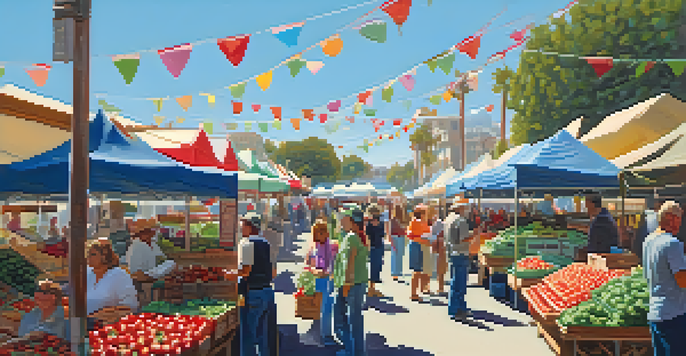 A lively farmers market in San Diego with colorful displays of fresh produce, vendors, and families enjoying the day.