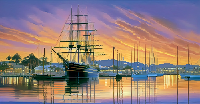 A beautiful sunset view of the San Diego Maritime Museum with tall ships in the harbor, reflecting orange and purple hues on the water.