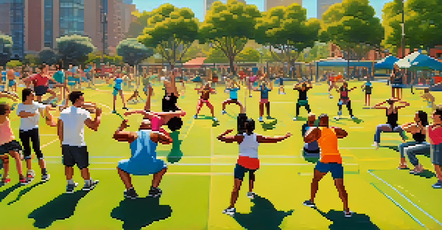 An energetic boot camp workout in a park with participants doing exercises, a playground in the background.