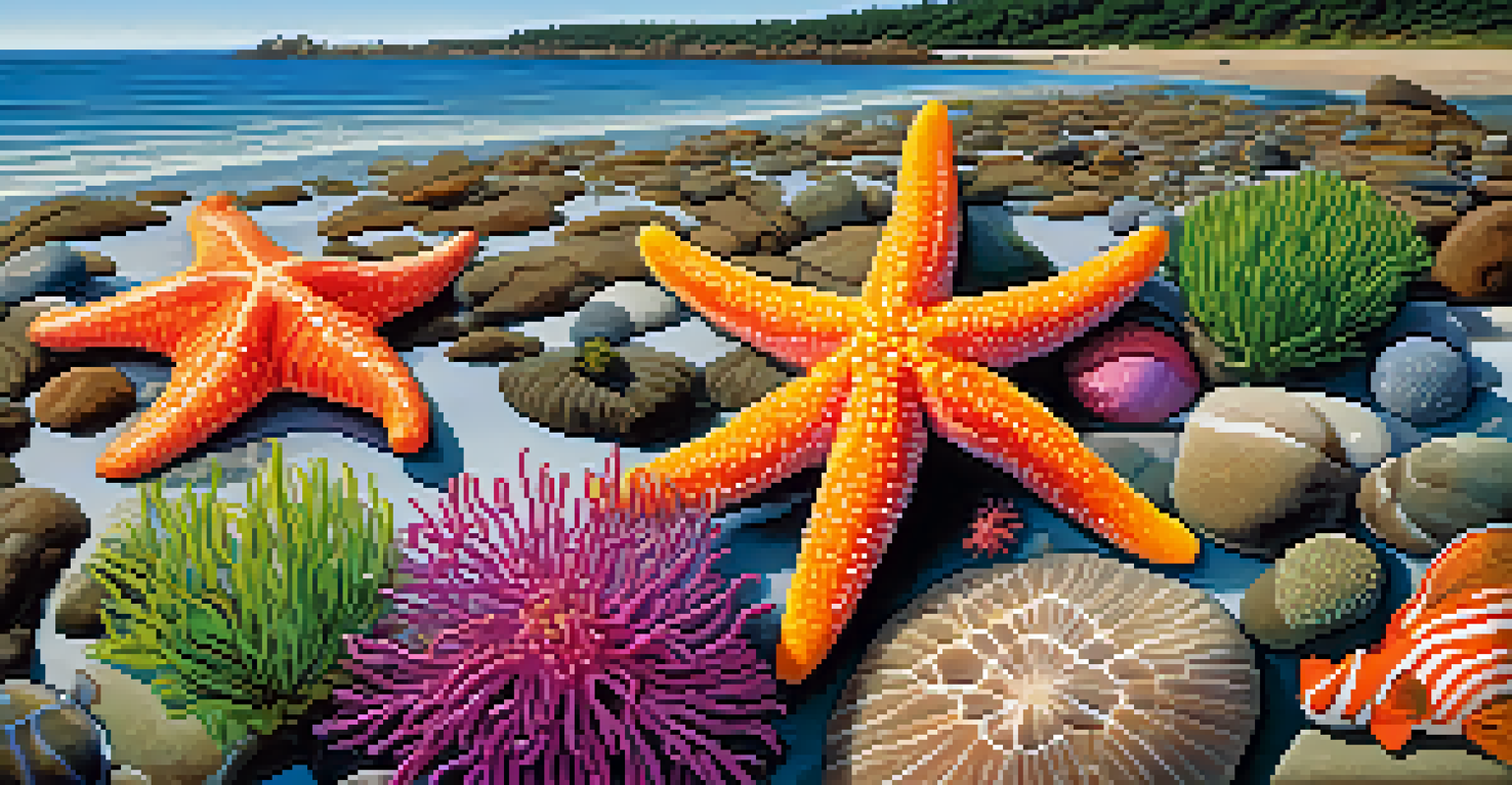A detailed view of a tidal pool with various marine creatures and plants.