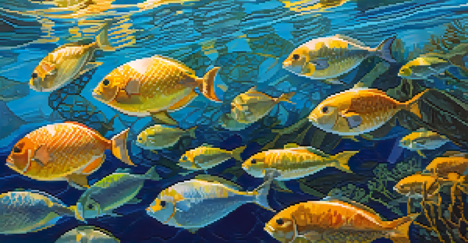 Colorful fish swimming beneath a kayak in clear blue water, with sunlight filtering through and illuminating the underwater scene.