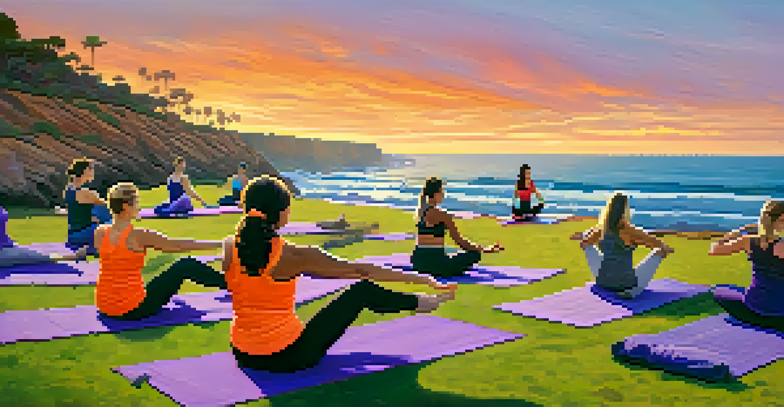 A group of people practicing yoga at Sunset Cliffs during sunset, with colorful mats and the ocean in the background.