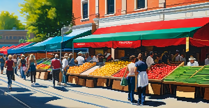 A vibrant farmers market with colorful stalls and shoppers interacting with vendors under bright sunlight.