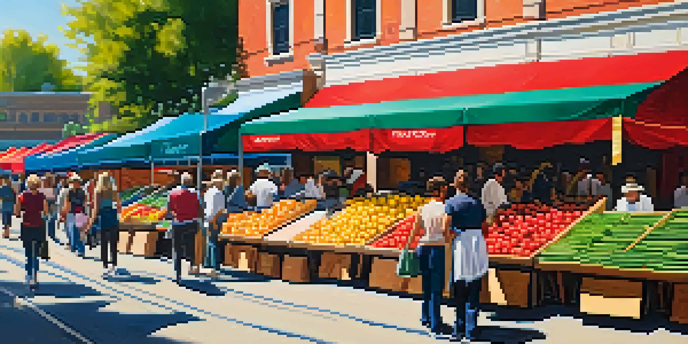 A vibrant farmers market with colorful stalls and shoppers interacting with vendors under bright sunlight.