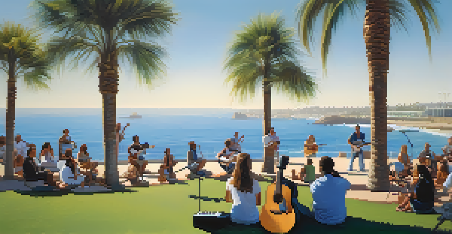 A musician performing in a San Diego park with palm trees and the ocean in the background.