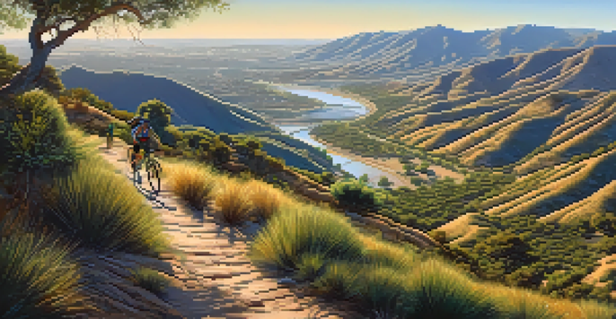 A cyclist navigating a trail in Mission Trails Regional Park with greenery and mountains in the background.