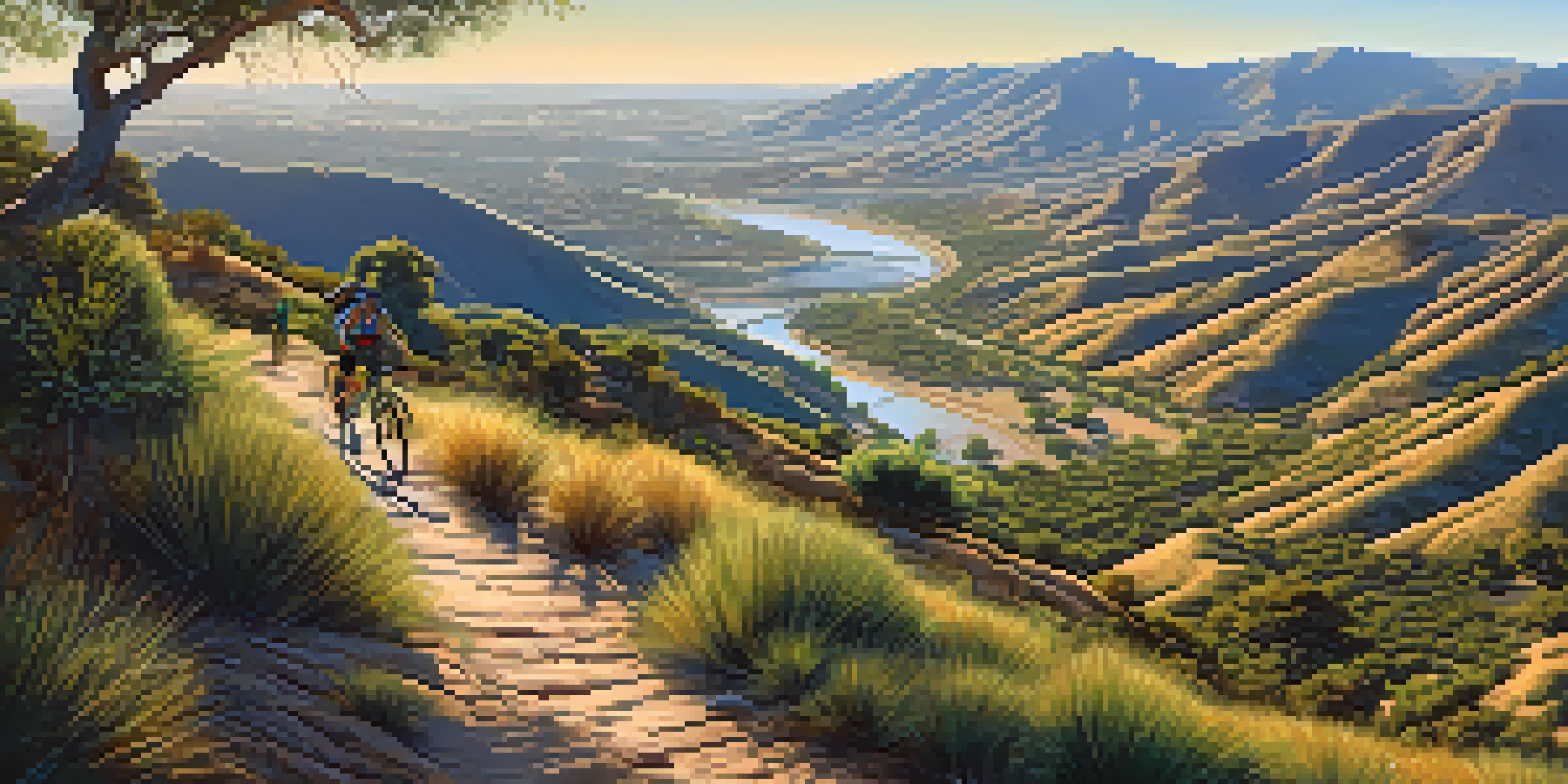 A cyclist navigating a trail in Mission Trails Regional Park with greenery and mountains in the background.