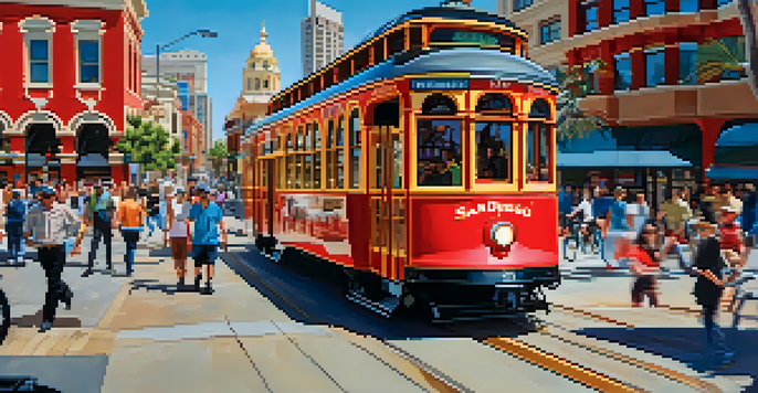 A bright red San Diego Trolley moving through the lively Gaslamp Quarter, surrounded by people and colorful buildings.