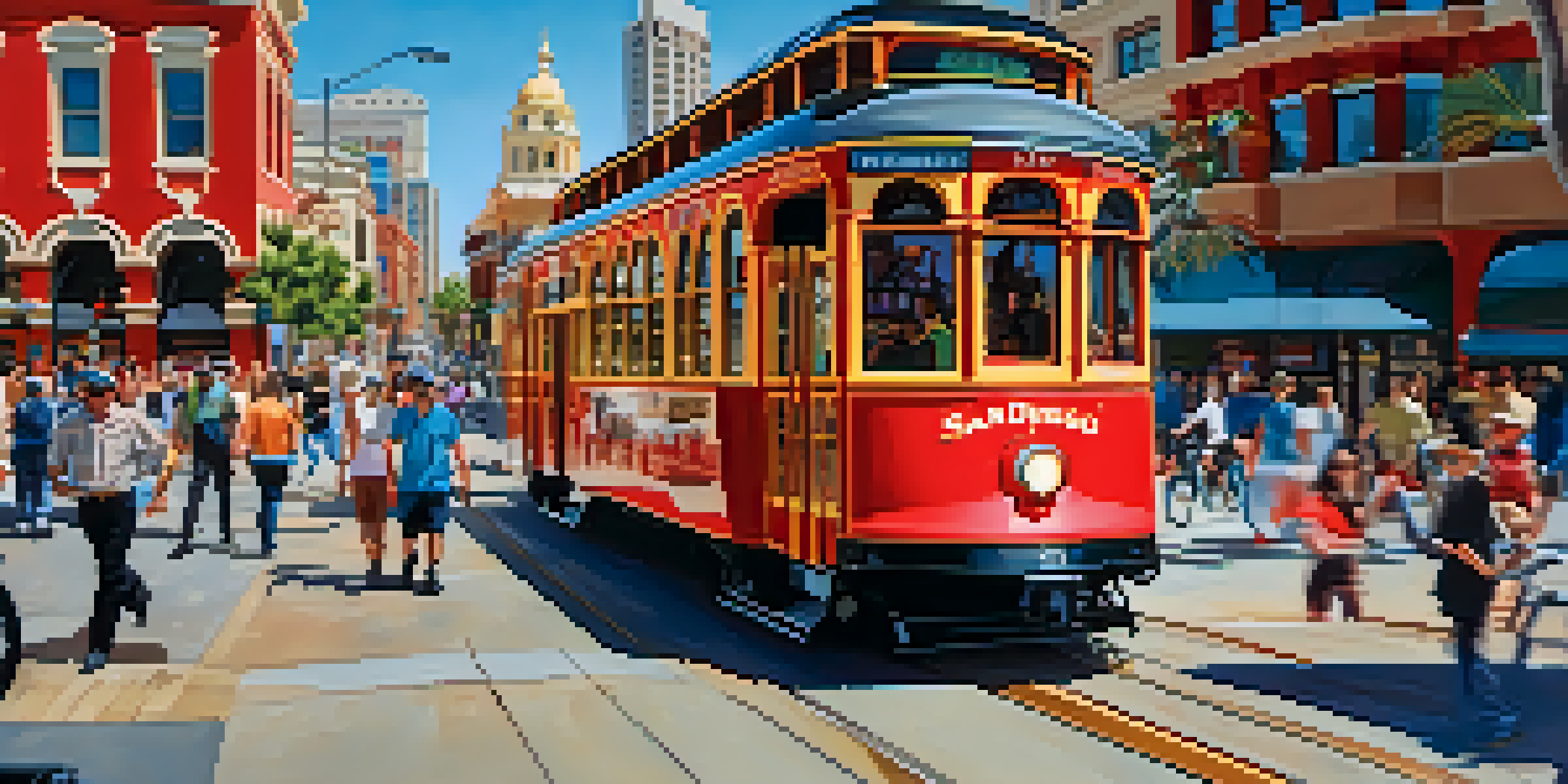 A bright red San Diego Trolley moving through the lively Gaslamp Quarter, surrounded by people and colorful buildings.