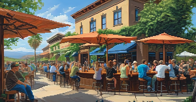 A sunny outdoor brewery in San Diego with people enjoying craft beer, surrounded by greenery and flowers.