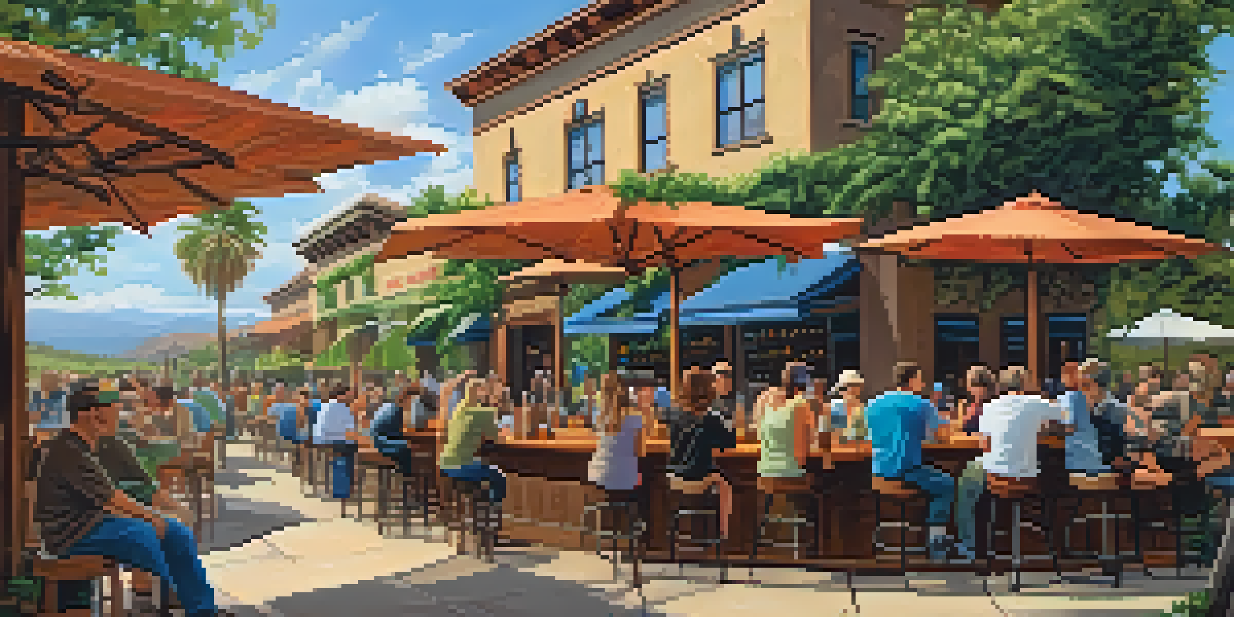 A sunny outdoor brewery in San Diego with people enjoying craft beer, surrounded by greenery and flowers.