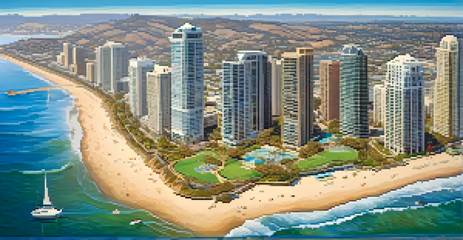 An aerial view of San Diego showing the coastline with urban buildings, parks, and the ocean.