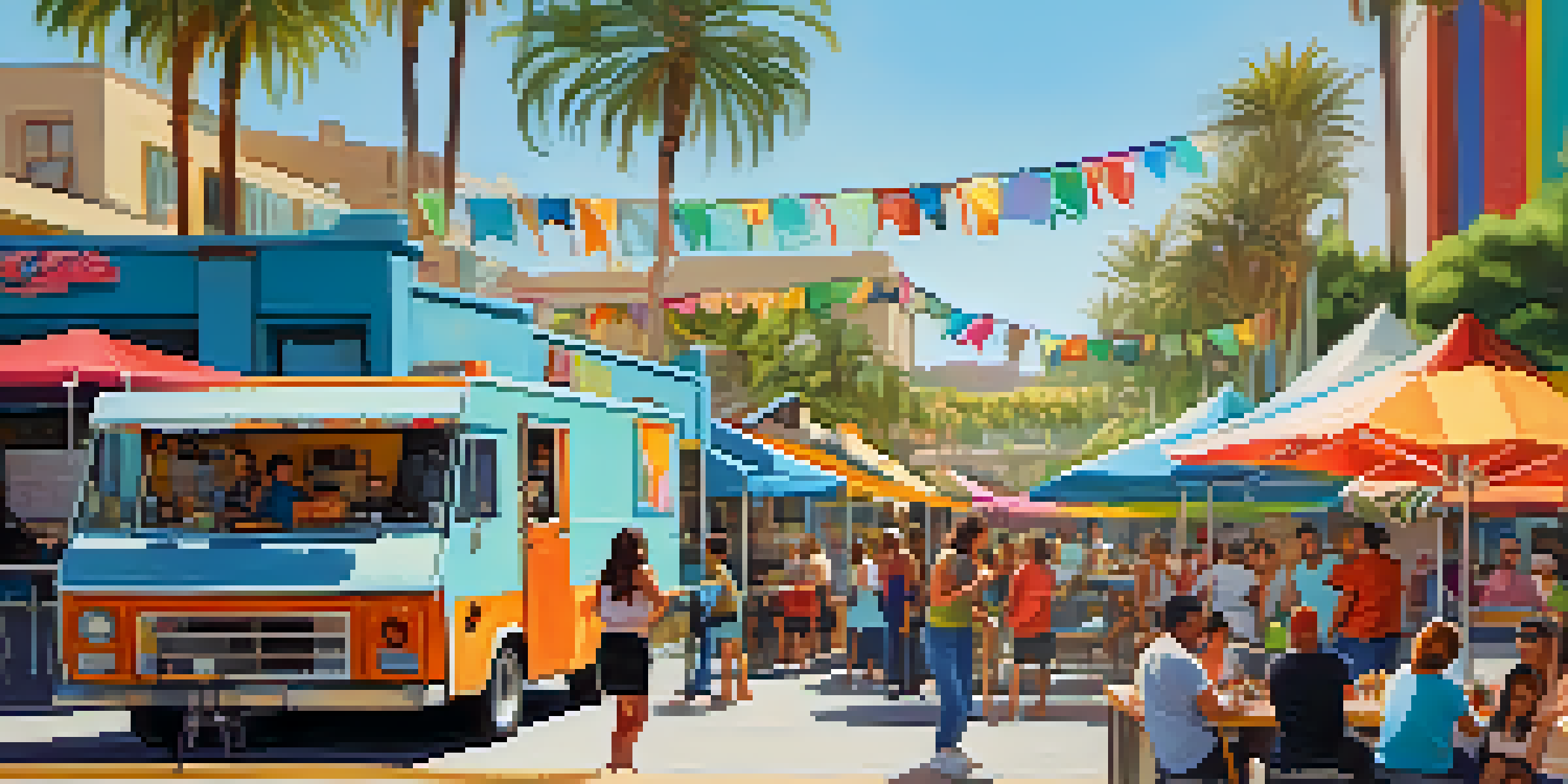 A lively street food market in San Diego with food trucks and people enjoying fish tacos under sunny skies.