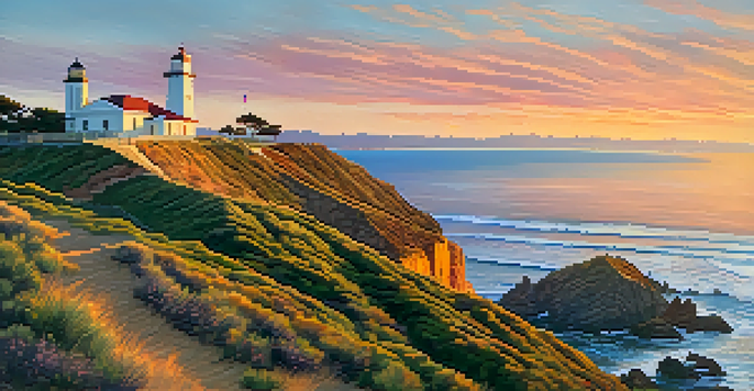 A stunning sunset view of Cabrillo National Monument featuring the lighthouse and the ocean.