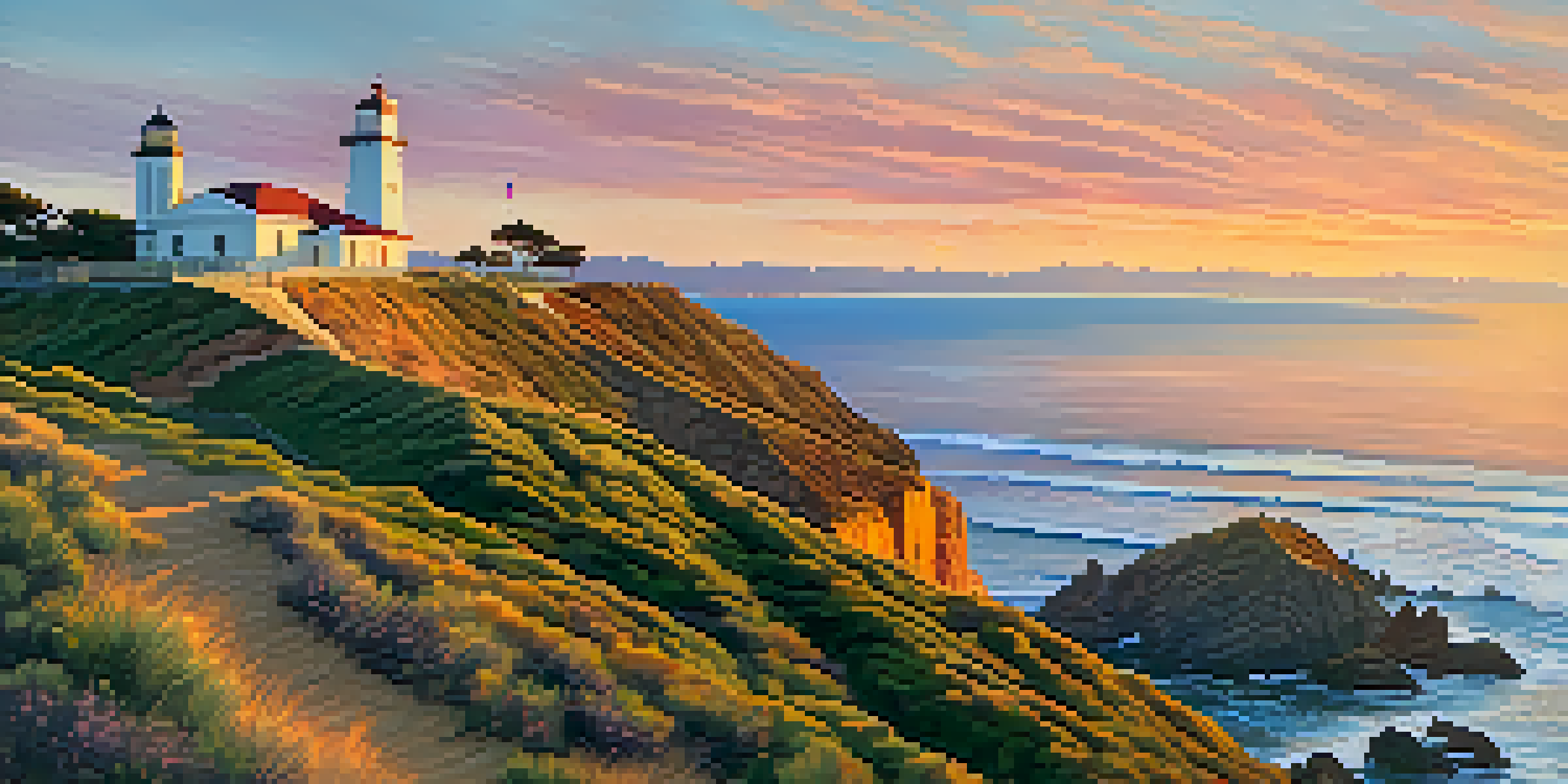 A stunning sunset view of Cabrillo National Monument featuring the lighthouse and the ocean.