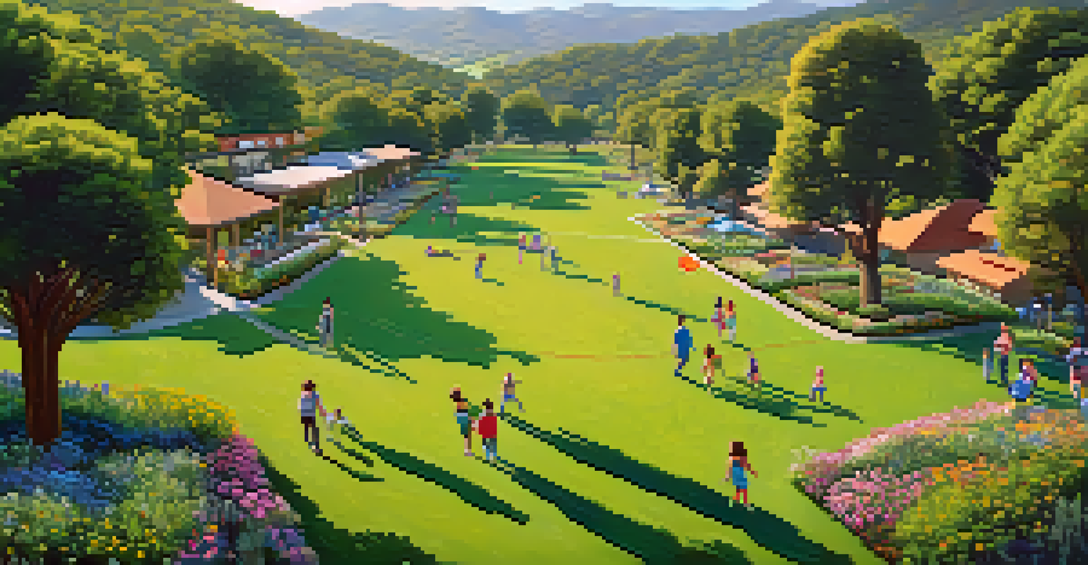 Aerial view of a beautiful park in Carmel Valley with families enjoying outdoor activities.