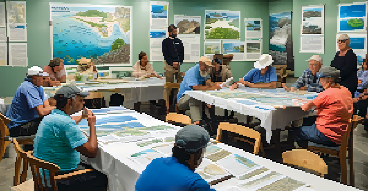A community workshop with local stakeholders discussing marine conservation efforts, featuring maps and educational materials about Marine Protected Areas, in a bright and engaging environment.