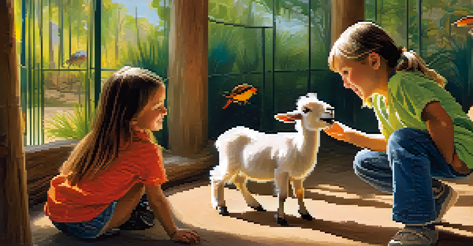 Children interacting with small animals in the Discovery Station at San Diego Safari Park, with educational displays in the background.