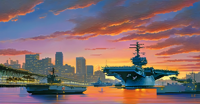 A panoramic view of the USS Midway Museum in San Diego at sunset, with colorful skies and military aircraft on the deck.
