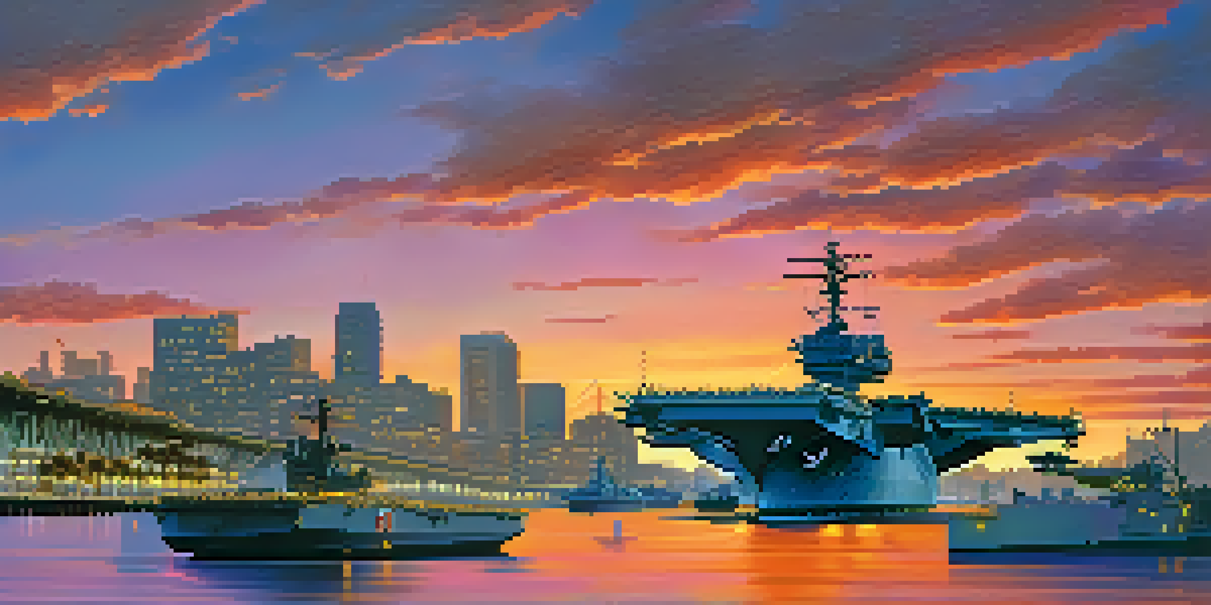 A panoramic view of the USS Midway Museum in San Diego at sunset, with colorful skies and military aircraft on the deck.