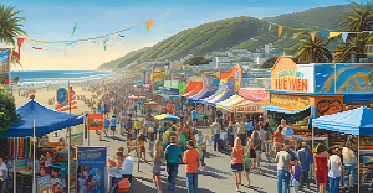 A lively street fair at Ocean Beach featuring colorful stalls, live music, and attendees enjoying food, with the Pacific Ocean in the background.