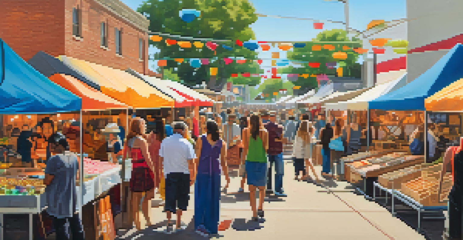 A bustling craft market with colorful stalls, shoppers browsing handmade goods, and festive decorations.