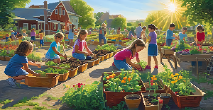 A lively community garden where families are working together, with children planting vegetables and flowers under the sun.