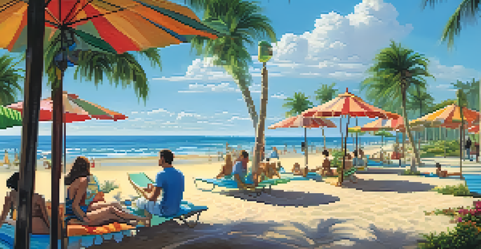 A bright and vibrant beach scene in a coastal city with people, palm trees, and eco-friendly amenities.