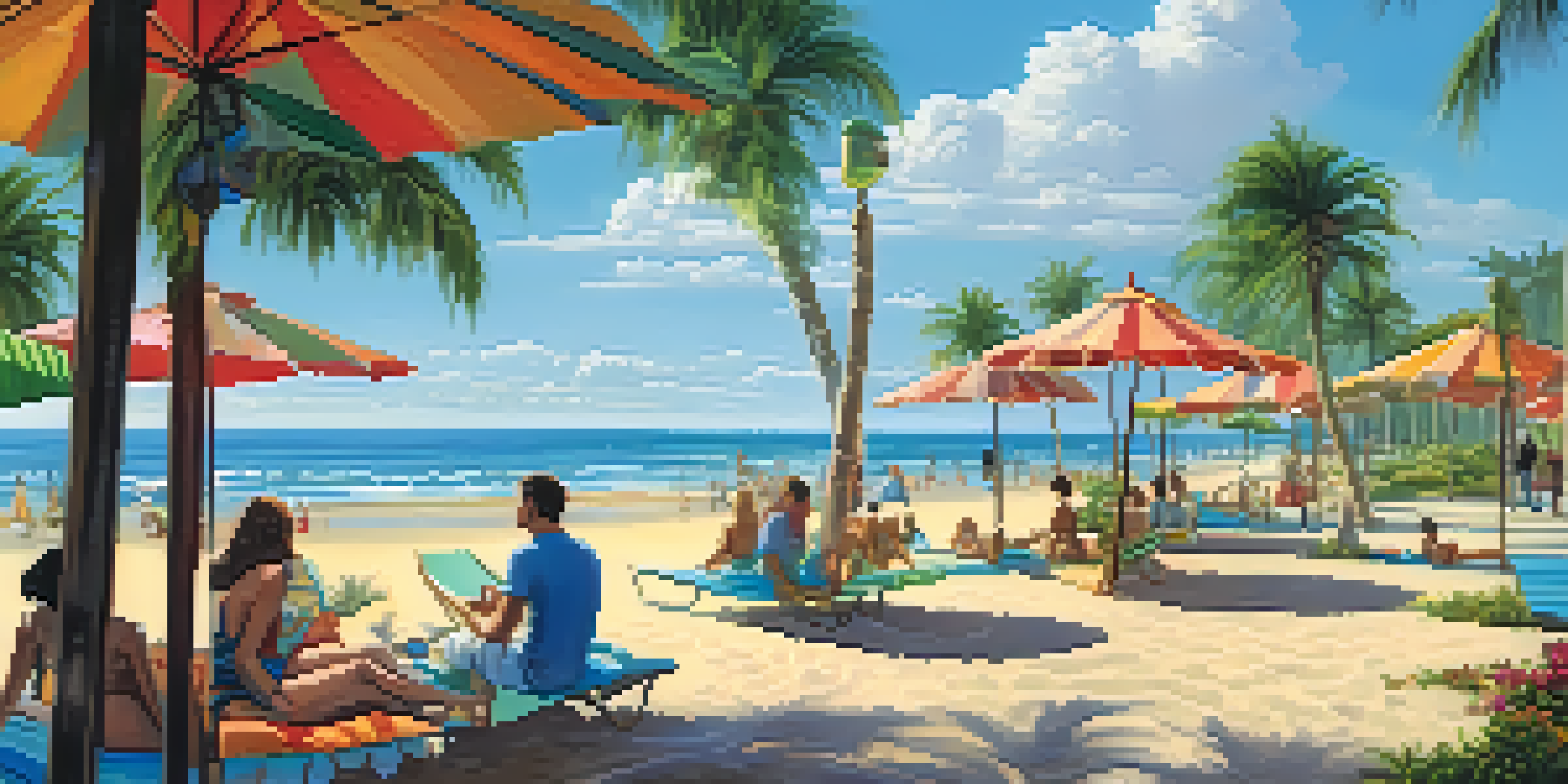 A bright and vibrant beach scene in a coastal city with people, palm trees, and eco-friendly amenities.