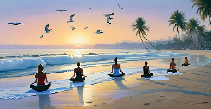 A group of people practicing yoga on a beach at sunrise, with calm ocean waves and palm trees in the background.