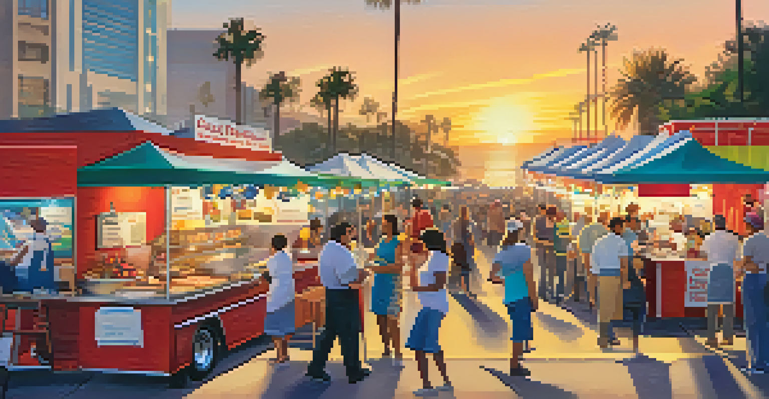 A lively food festival in San Diego with food trucks, cooking demonstrations, and attendees enjoying unique dishes against a sunset backdrop.