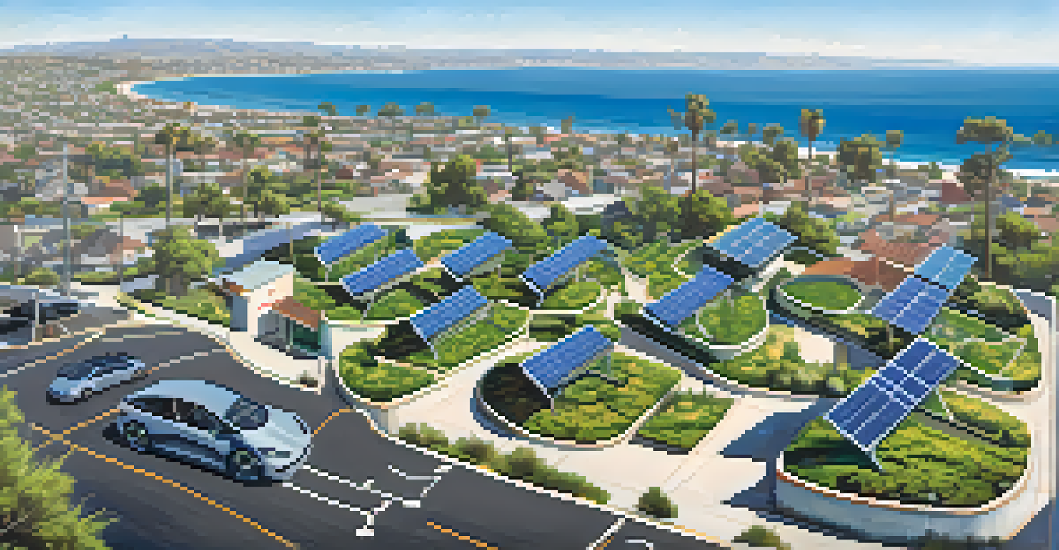 An aerial view of San Diego showing a network of electric vehicle charging stations amidst urban and green spaces with the ocean in the background.