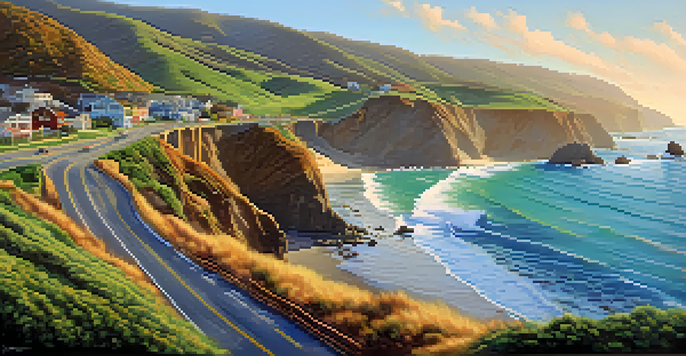 A coastal road with cliffs and ocean views, featuring beach houses and surfers under a clear sky.