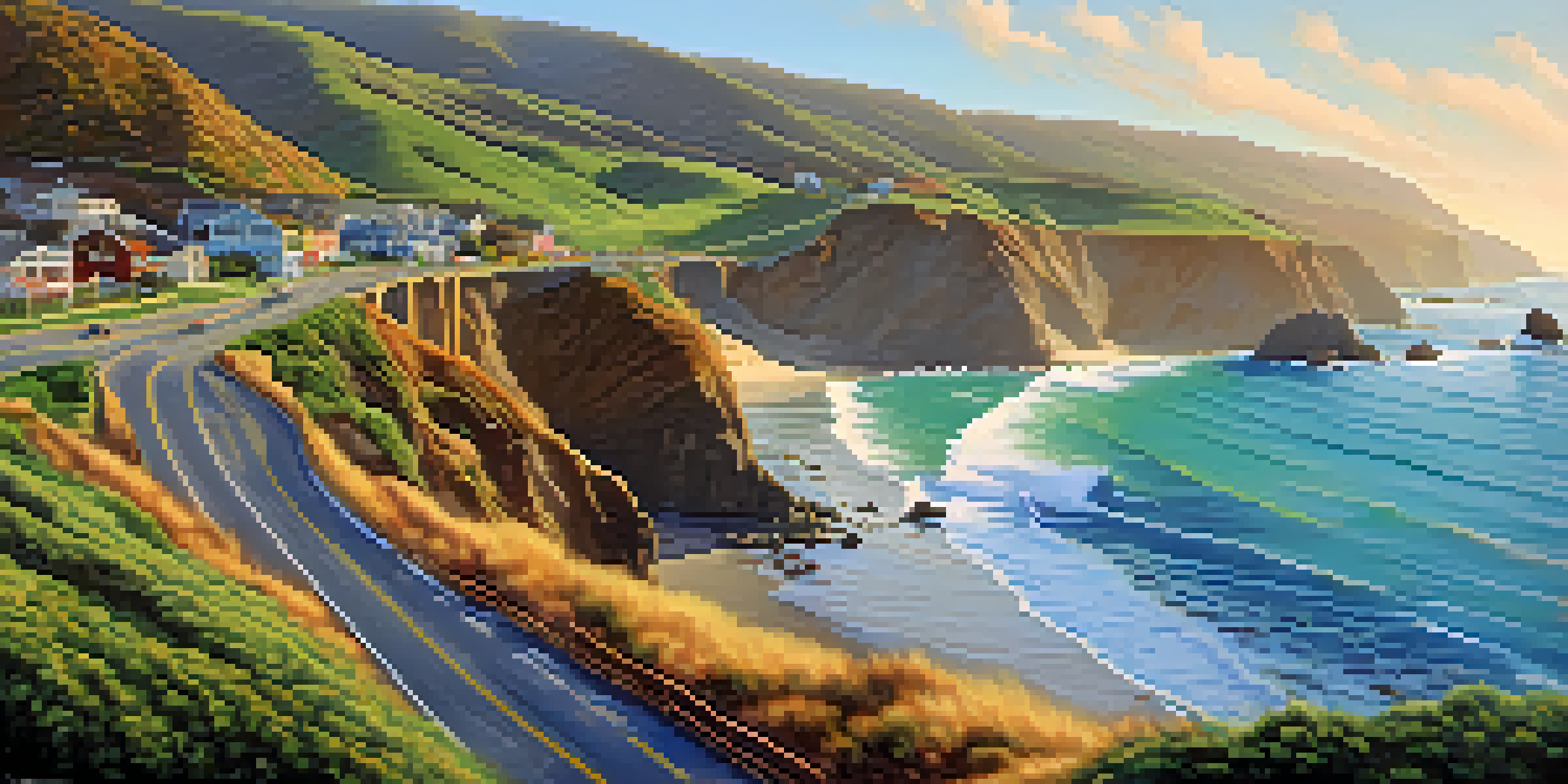 A coastal road with cliffs and ocean views, featuring beach houses and surfers under a clear sky.